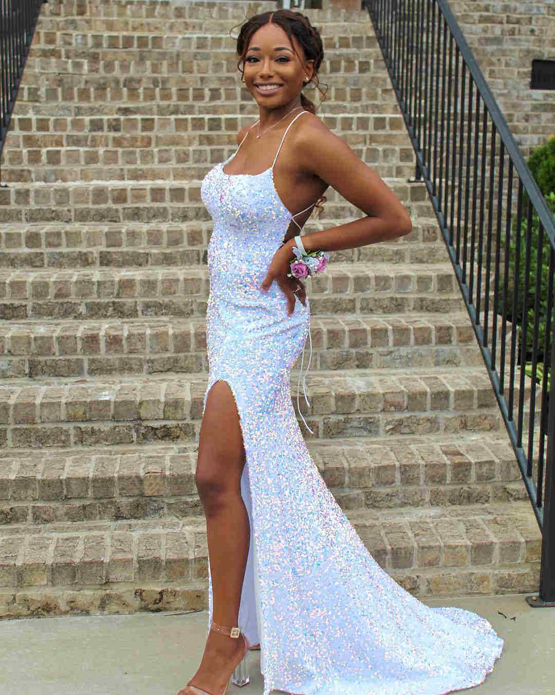 Navy Blue Sequin Prom Dress Long Mermaid Cross Back Prom Dress
