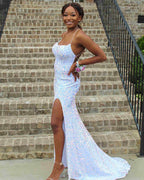 Navy Blue Sequin Long Prom Dresses Mermaid Cross Back Evening Party Dresses