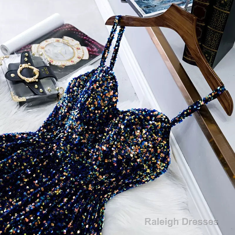 Navy Blue Sequin Hoco Dresses Short Homecoming Dress