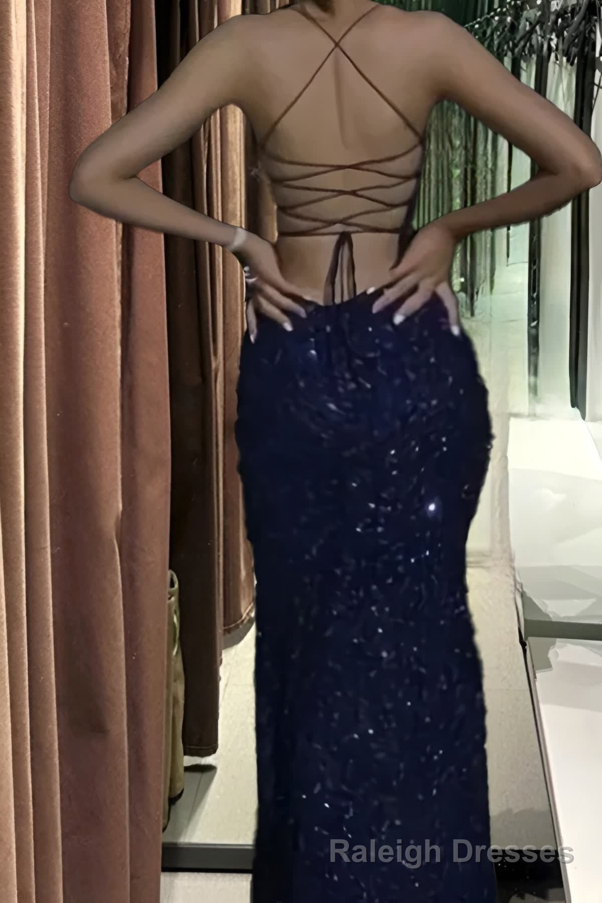 Navy Blue Sequin Long Prom Dresses Mermaid Cross Back Evening Party Dresses Secondary image