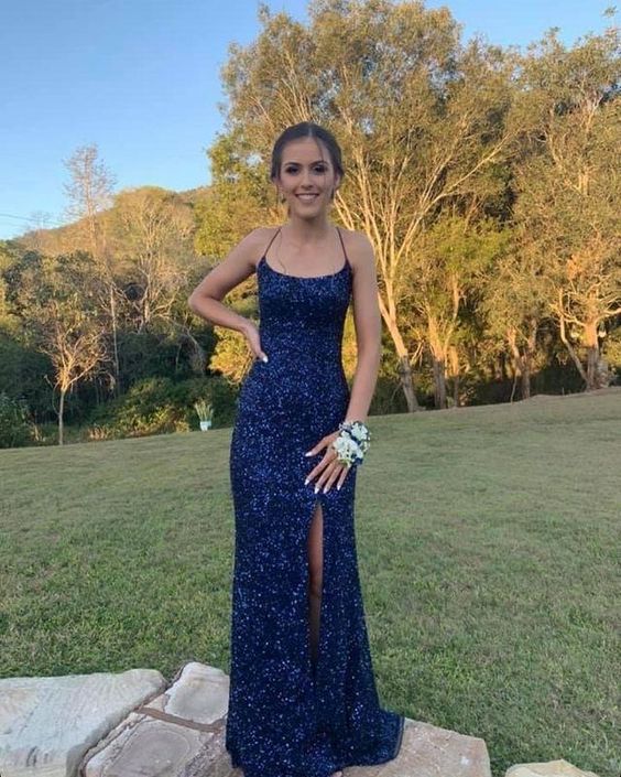 Navy Blue Sequin Prom Dress Long Mermaid Cross Back Prom Dress