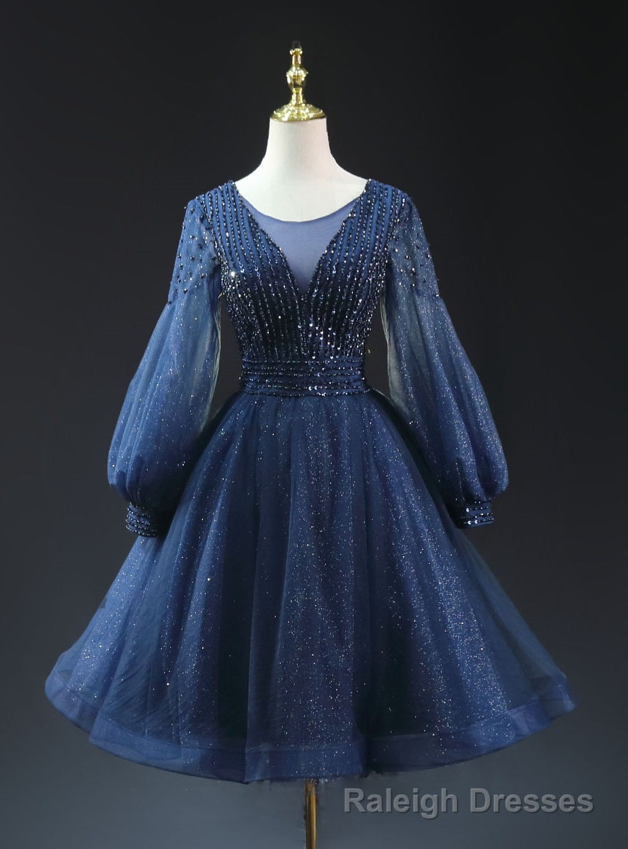 Navy Blue Sequins Long Sleeve Beading Homecoming Dress Main image