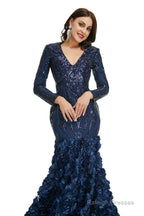 Sequins Mermaid Long V Neck Prom Dresses Full Sleeve