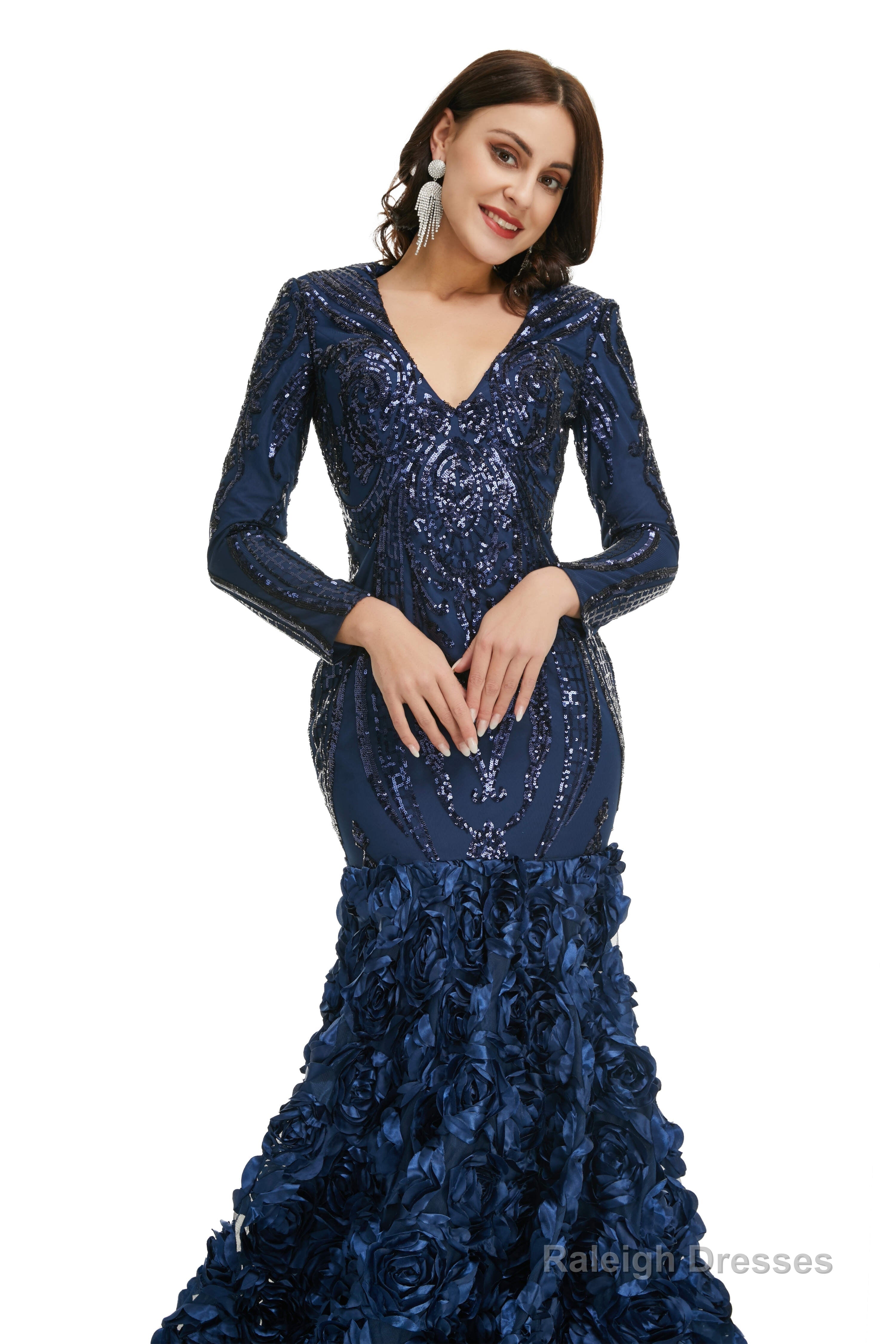 Sequins Mermaid Long V Neck Prom Dresses Full Sleeve