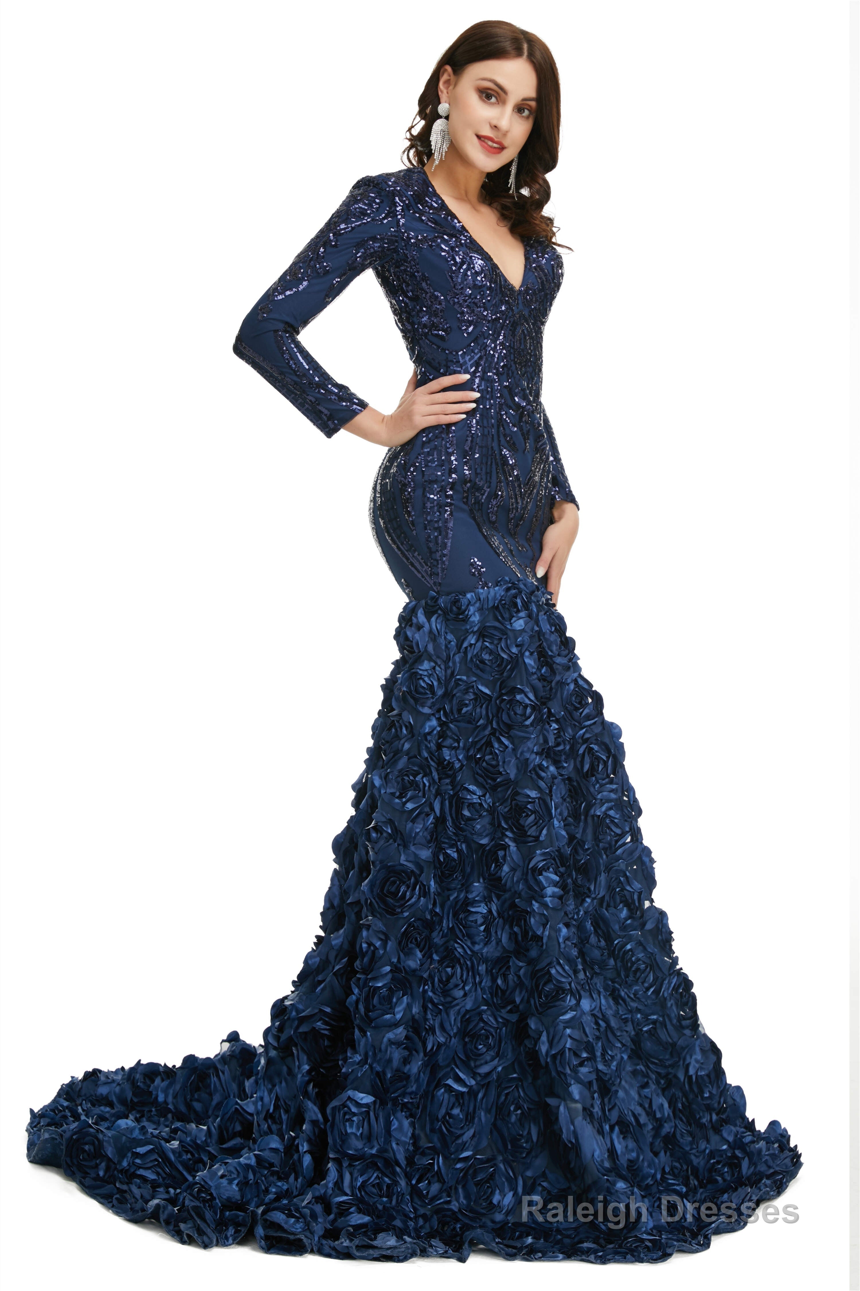 Sequins Mermaid Long V Neck Prom Dresses Full Sleeve