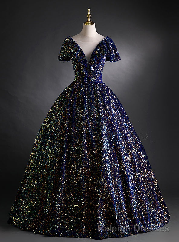 Navy Blue Sequins Short Sleeve Quinceanera Dress Main image