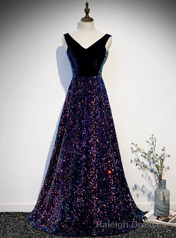 Navy Blue Sequins V-neck Backless Prom Dress Main image