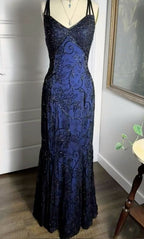 Navy Blue Shiny Elegant Exquisite Beaded Applique Straps Long Tulle Sequins Ball Gown Evening Dress Party Dress
