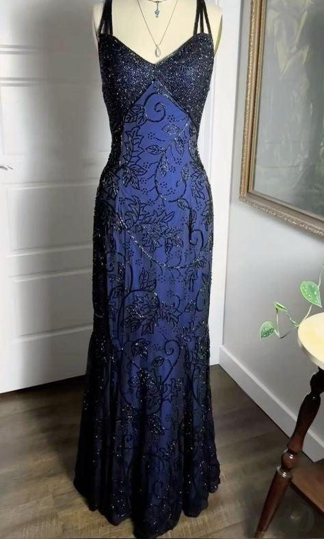 Navy Blue Shiny Elegant Exquisite Beaded Applique Straps Long Tulle Sequins Ball Gown Evening Dress Party Dress