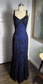 Navy Blue Shiny Elegant Exquisite Beaded Applique Straps Long Tulle Sequins Ball Gown Evening Dress Party Dress