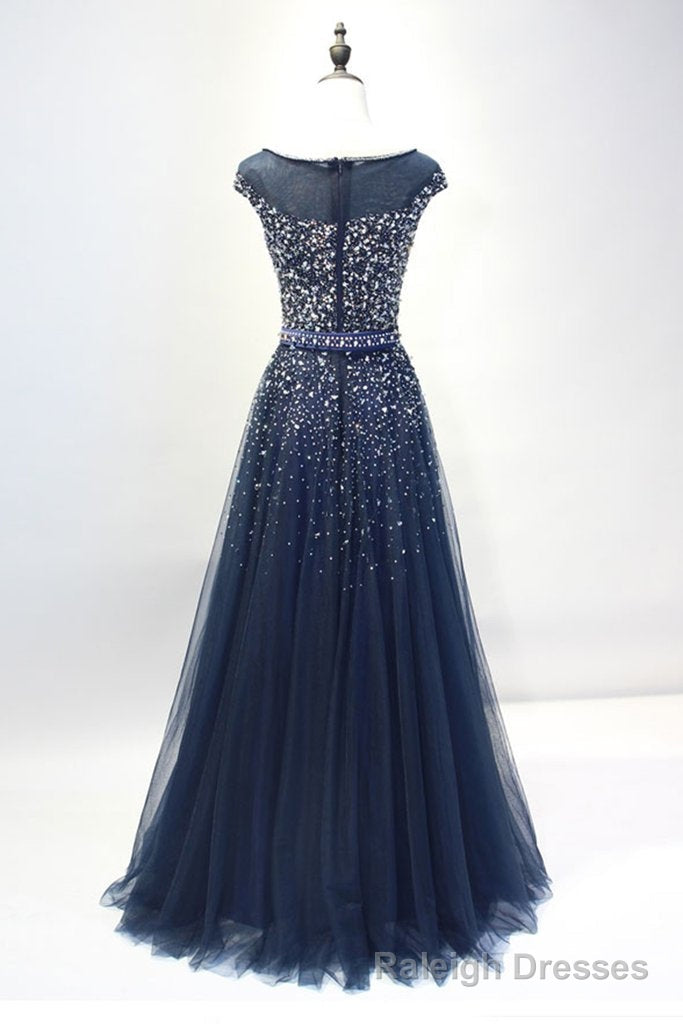 Navy Blue Shiny Sequins Round Neckline Tulle Party Dress, A-line Tulle Blue Evening Dress Prom Dress Main image