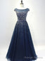 Navy Blue Shiny Sequins Round Neckline Tulle Party Dress, A-line Tulle Blue Evening Dress Prom Dress
