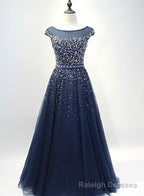 Navy Blue Shiny Sequins Round Neckline Tulle Prom Dress, A Line Tulle Blue Prom Dress