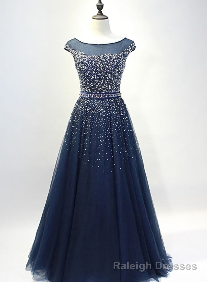 Navy Blue Shiny Sequins Round Neckline Tulle Prom Dress, A Line Tulle Blue Prom Dress