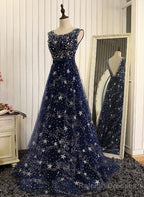 Navy Blue Shiny Tulle A Line Round Neckline Long Prom Dress, Blue Prom Dresses