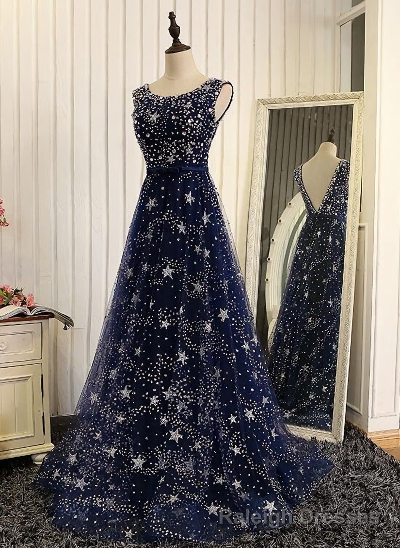Navy Blue Shiny Tulle A Line Round Neckline Long Prom Dress, Blue Prom Dresses