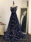 Navy Blue Shiny Tulle A Line Round Neckline Long Prom Dress, Blue Prom Dresses