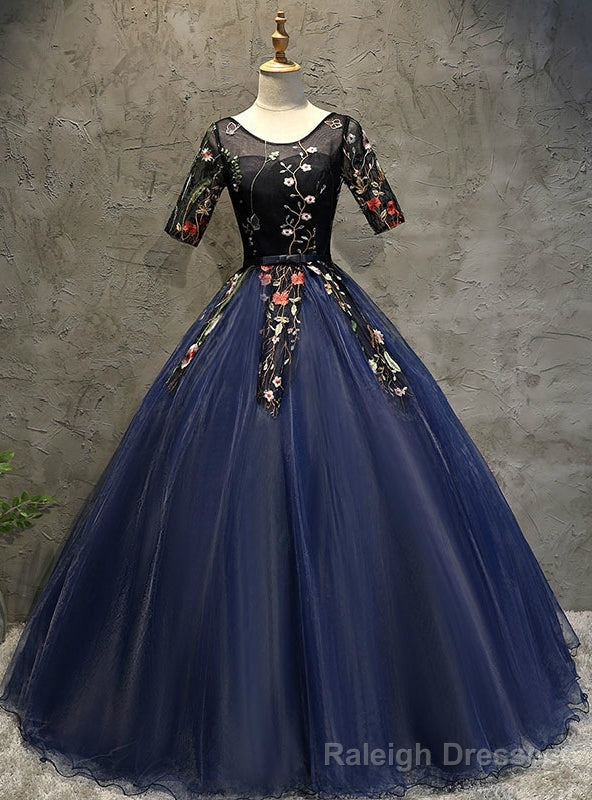Navy Blue Short Sleeve Tulle Embroidery Quinceanera Dresses Main image