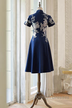 Navy Blue Short Sleeves Party Dress With Lace Applique, Short Cute Blue Wedding Party Dress