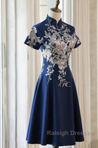 Navy Blue Short Sleeves Party Dress With Lace Applique, Short Cute Blue Wedding Party Dress