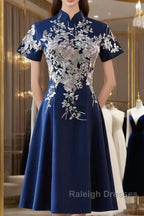Navy Blue Short Sleeves Party Dress With Lace Applique, Short Cute Blue Wedding Party Dress