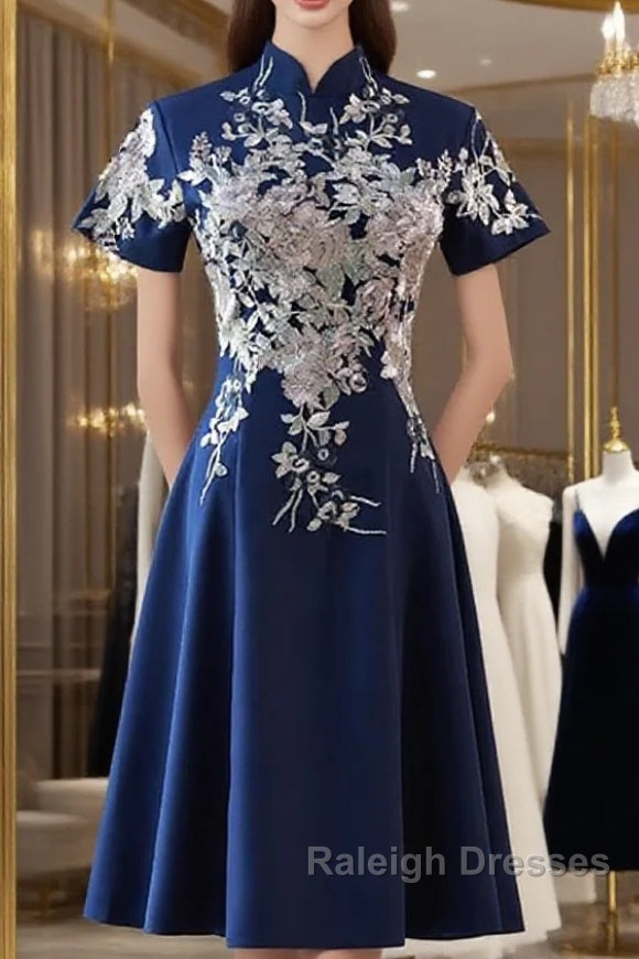 Navy Blue Short Sleeves Prom Dresses With Lace Applique Short Cute Blue Wedding Prom Dresses Main image