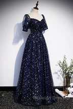 Navy Blue Short Sleeves Sweetheart Long Party Dress, A-Line Blue Evening Gown
