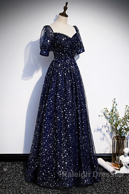 Navy Blue Short Sleeves Sweetheart Long Party Dress, A-Line Blue Evening Gown