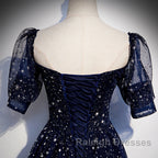 Navy Blue Short Sleeves Sweetheart Long Party Dress, A-Line Blue Evening Gown