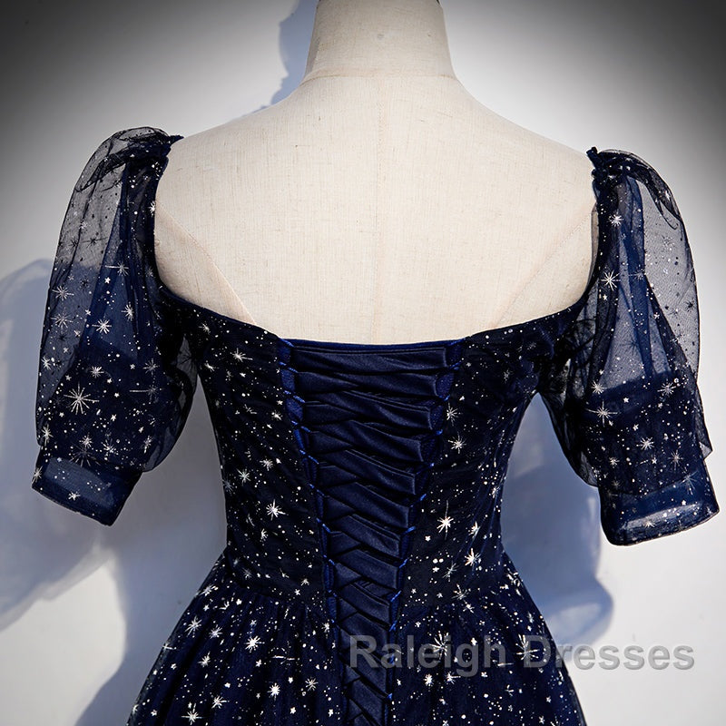 Navy Blue Short Sleeves Sweetheart Long Party Dress, A-Line Blue Evening Gown