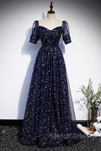 Navy Blue Short Sleeves Sweetheart Long Prom Dresses A-Line Blue Prom Gown