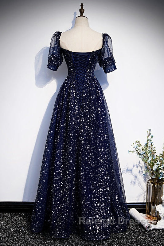 Navy Blue Short Sleeves Sweetheart Long Party Dress, A-Line Blue Evening Gown