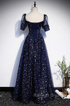 Navy Blue Short Sleeves Sweetheart Long Prom Dresses A-Line Blue Prom Gown
