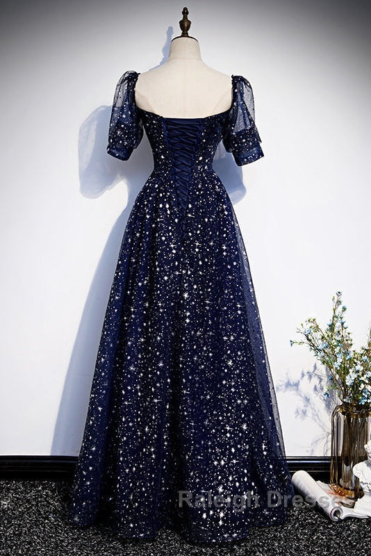 Navy Blue Short Sleeves Sweetheart Long Prom Dresses A-Line Blue Prom Gown