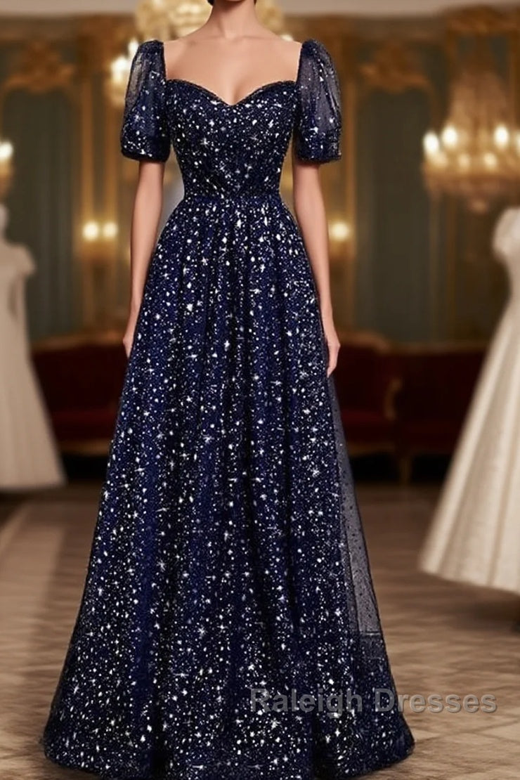 Navy Blue Short Sleeves Sweetheart Long Party Dress, A-Line Blue Evening Gown