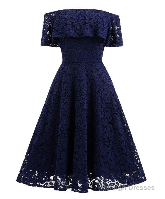 Navy Blue Short Soft Lace Prom Dress Off Shoulder Women Party Gowns