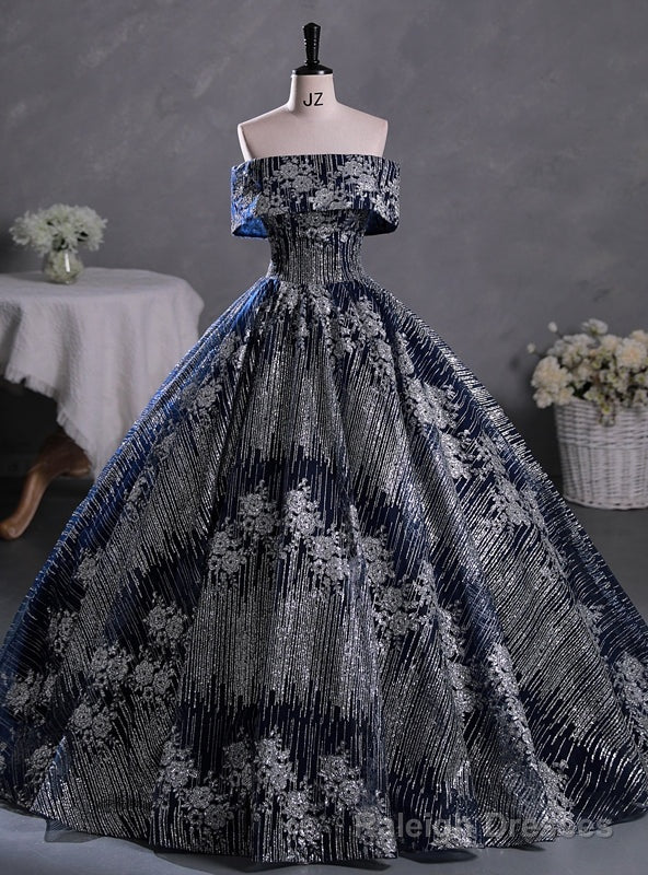 Navy Blue Silver Sequins Off the Shoulder Quinceanera Dress Main image