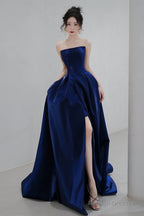 Navy Blue Simple Satin A-Line Long Prom Dress, Navy Blue Formal Dress Evening Dress