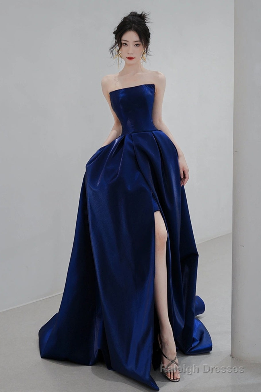 Navy Blue Simple Satin A-Line Long Prom Dress, Navy Blue Formal Dress Evening Dress