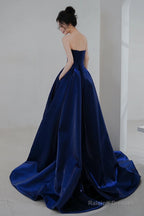 Navy Blue Simple Satin A-Line Long Prom Dress, Navy Blue Formal Dress Evening Dress