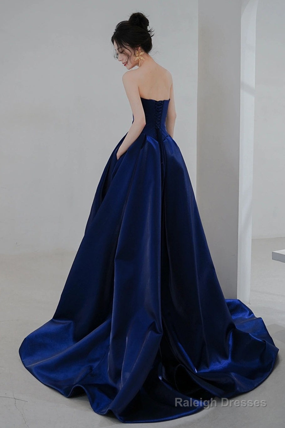 Navy Blue Simple Satin A-Line Long Prom Dress, Navy Blue Formal Dress Evening Dress