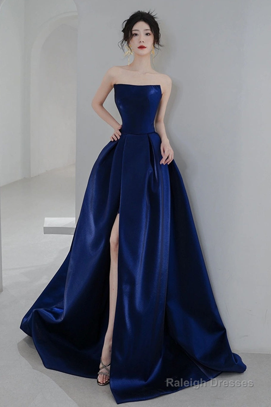 Navy Blue Simple Satin A-Line Long Prom Dress, Navy Blue Formal Dress Evening Dress Main image