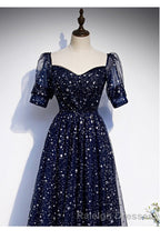 Navy Blue Simple Tulle Short Sleeves Prom Dress, Navy Blue Long Evening Dress