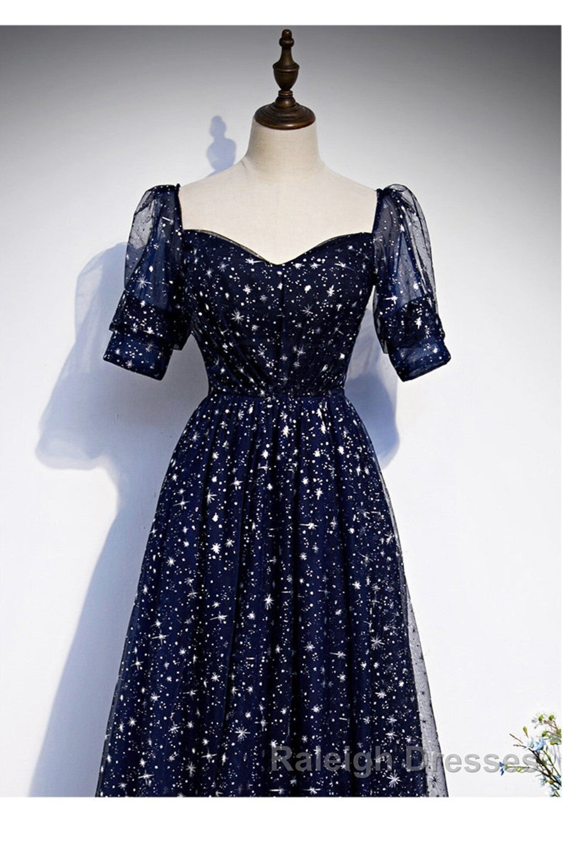 Navy Blue Simple Tulle Short Sleeves Prom Dress, Navy Blue Long Evening Dress