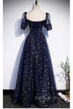 Navy Blue Simple Tulle Short Sleeves Prom Dresses Navy Blue Long Prom Dresses