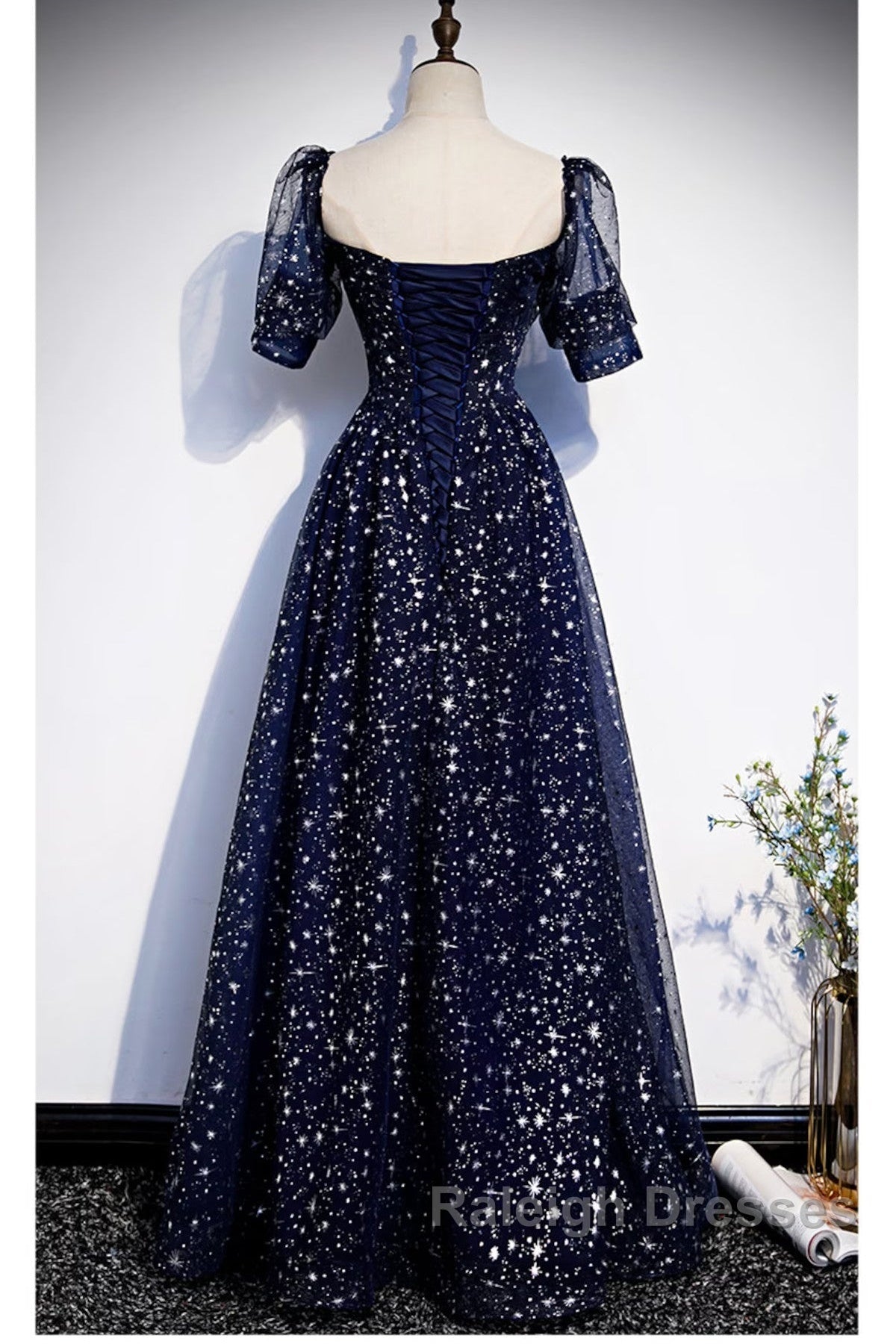 Navy Blue Simple Tulle Short Sleeves Prom Dresses Navy Blue Long Prom Dresses