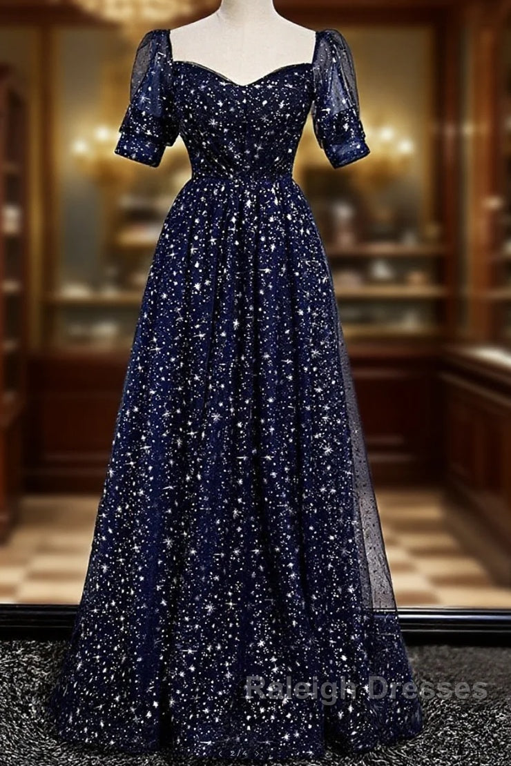 Navy Blue Simple Tulle Short Sleeves Prom Dress, Navy Blue Long Evening Dress Main image