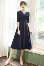 Navy Blue Simple V-Neckline Wedding Prom Dress Blue Bridesmaid Dress