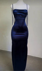 Navy Blue Spaghetti Strap Bodycon Satin Elegant Prom Dress Backless Prom Dress
