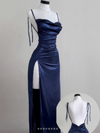Navy Blue Spaghetti Strap Bodycon Satin Elegant Prom Dress Backless Prom Dress